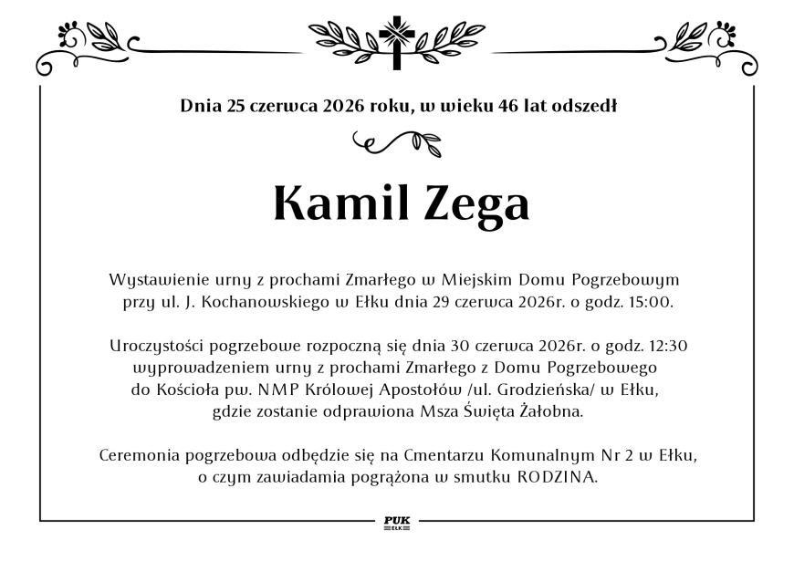 Kamil Zega - nekrolog